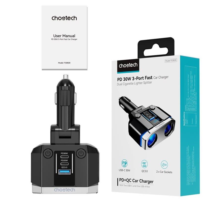 Nabíjačka do auta ChoeTech 2 Sockets 2C+1A PD30W Cigarette Lighter Splitter