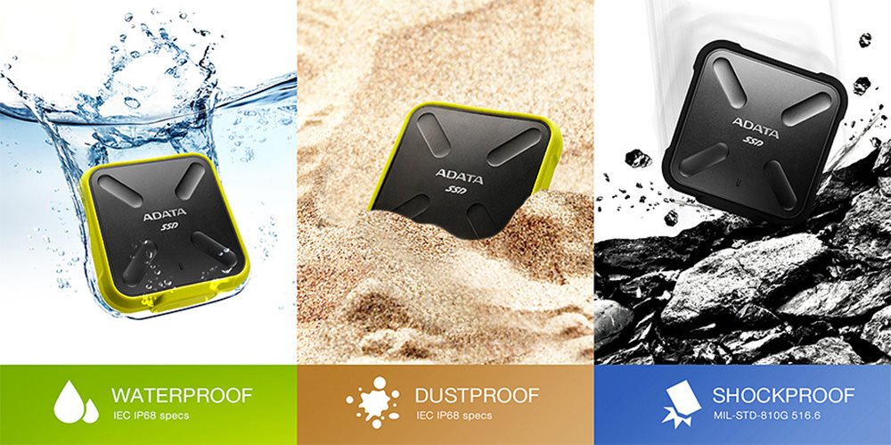 High resistance to dust, water and fall Odolný externí disk ADATA SD700