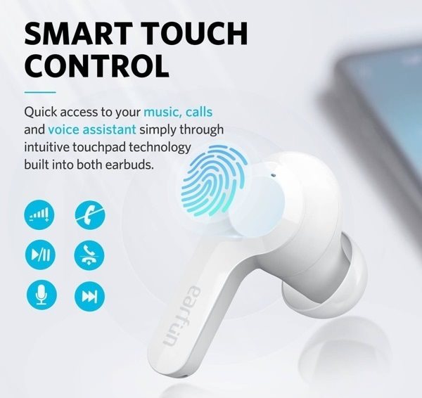 Bezdrátová sluchátka EarFun Air white Intuitivní dotykové ovládání