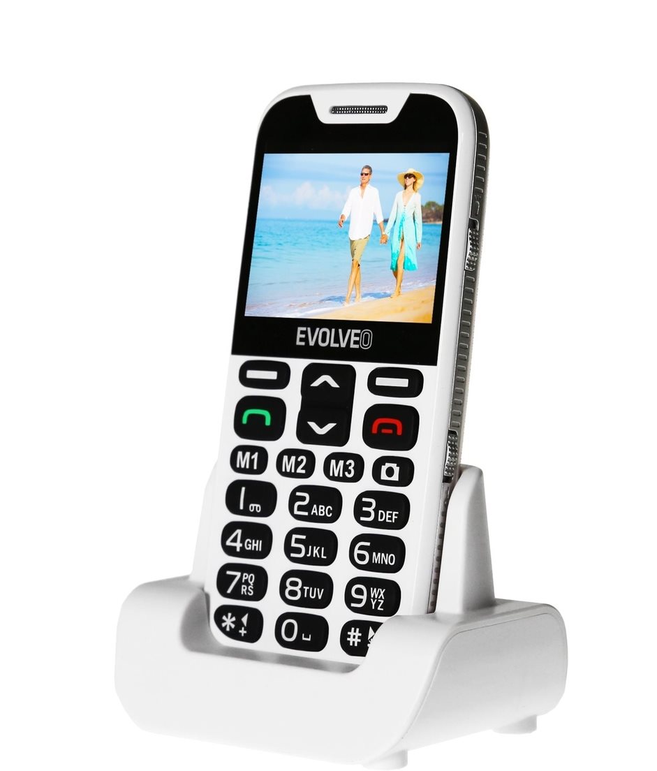 Jednoduché dobíjení telefonu Mobilní telefon EVOLVEO EasyPhone XD v bílém provedení - dobíjení ve stojánku
