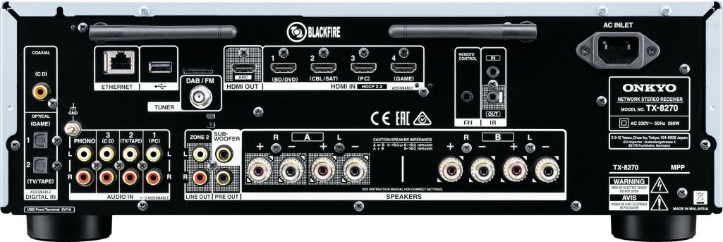 Zadní strana s konektory Zadní strana stereo receiveru Stereo Receiver ONKYO TX-8270 stříbrný s konektory