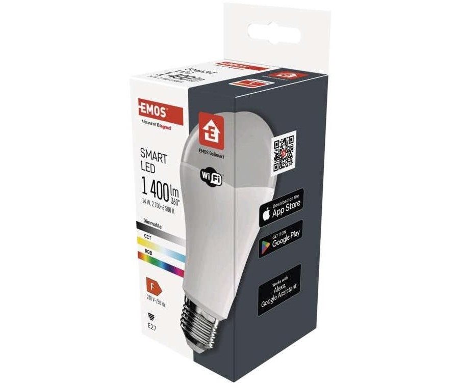 LED žárovka EMOS Chytrá LED žárovka GoSmart A65 E27 14 W (94 W) 1 400 lm RGB stmívatelná Wi-Fi
