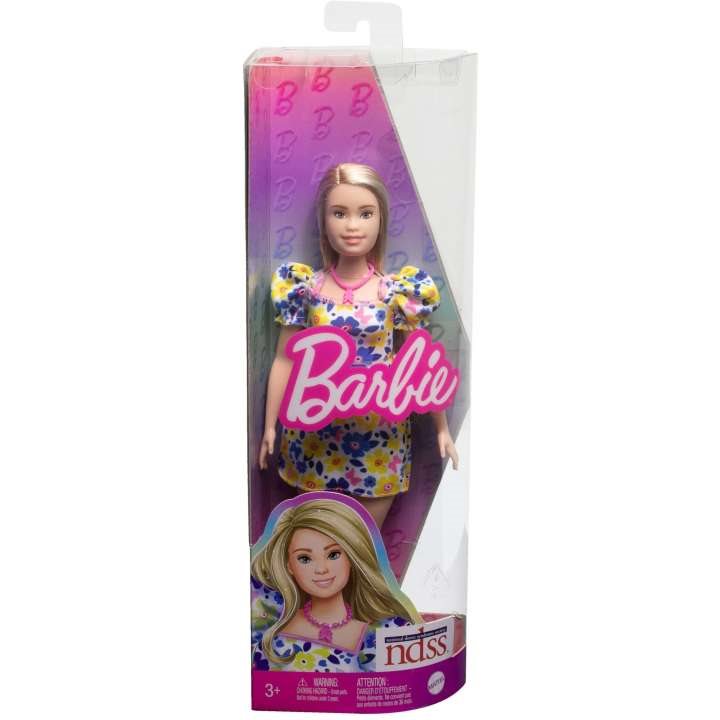 Bábika Barbie Modelka – Šaty s modrými a žltými kvetinami
