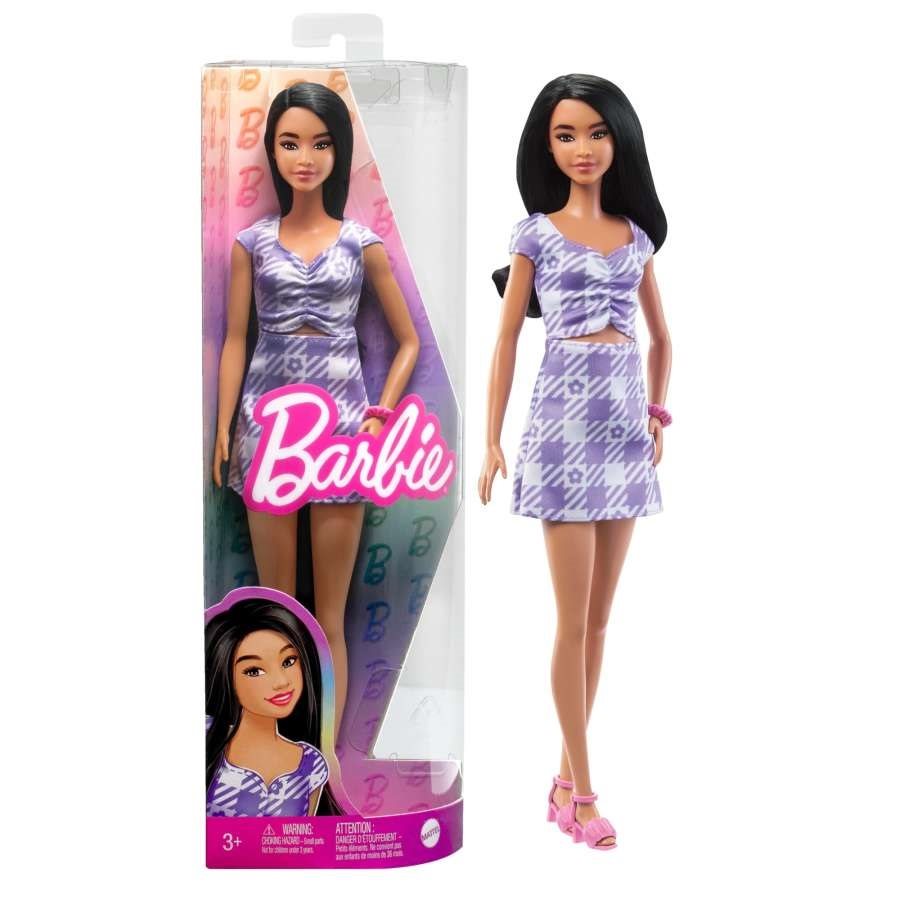 Bábika Barbie Modelka – Fialkové kockované šaty