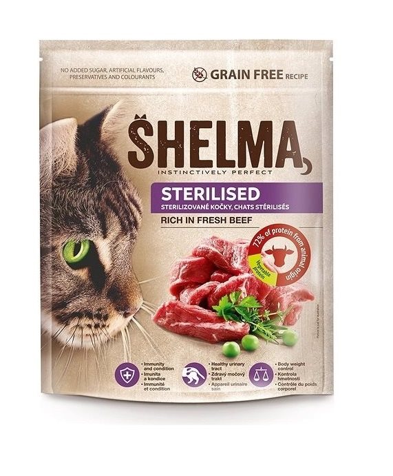 Granule pre mačky Shelma Sterile bezobilné granule s čerstvým hovädzím