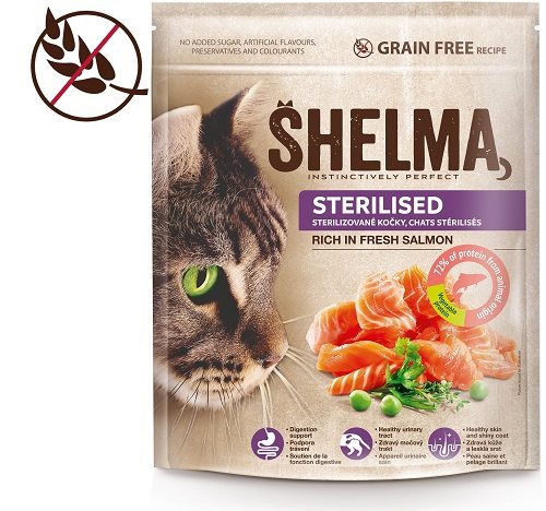 Granule pre mačky Shelma Sterile bezobilné granule s čerstvým lososom