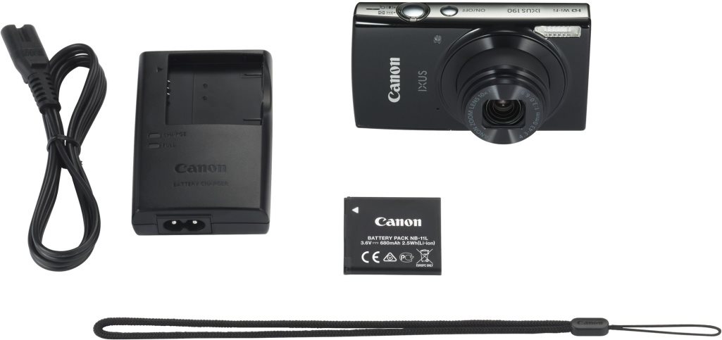 Canon IXUS 190 V balení kromě Canon IXUS 190 najdete také zápěstní poutko, baterii s nabíječkou, napájecí kabel a příručku