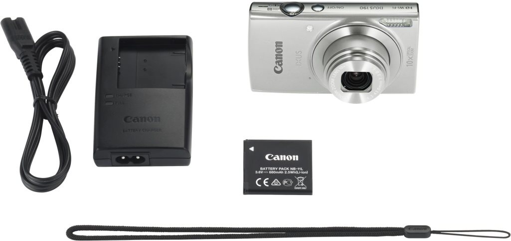 Canon IXUS 190 V balení kromě Canon IXUS 190 najdete také zápěstní poutko, baterii s nabíječkou, napájecí kabel a příručku
