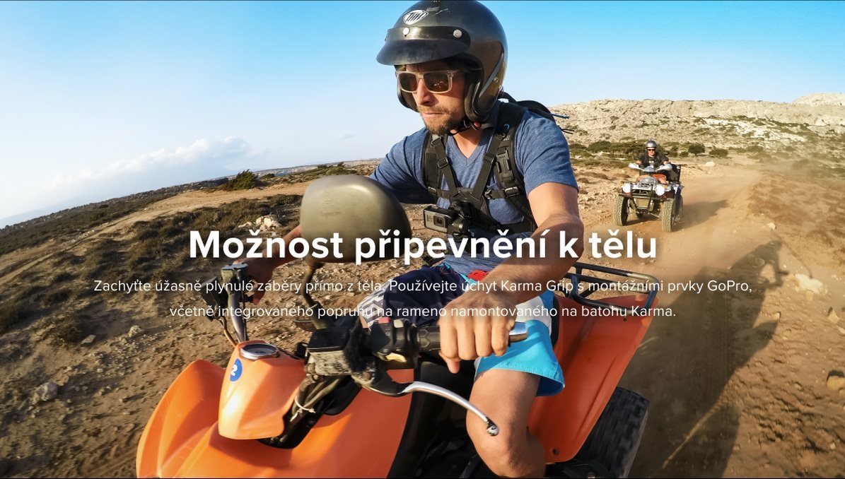 Možnost připevnění k tělu - Zachyťte úžasně plynulé záběry přímo z těla. Používejte úchyt Karma Grip s montážními prvky GoPro, včetně integrovaného popruhu na rameno namontovaného na batohu Karma.