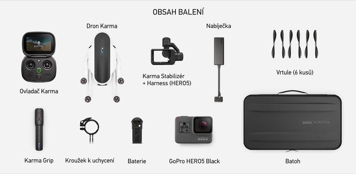 Obsah balení: Dron Karma, GoPro HERO5 Black, Ovladač Karma, Karma Stabilizér + Harness (HERO5), Nabíječka, Vrtule (6 kusů), Karma Grip, Kroužek k uchycení, Baterie, Batoh