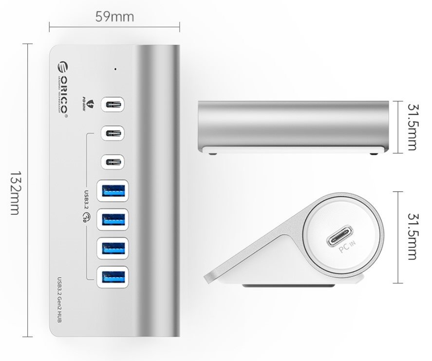 USB-Hub Orico Aluminium Alloy 4-Port USB3.2 Gen 2 Type-A & 3-Port USB3.2 Gen 2 Type-C Hub with 1-Port PD60W F USB-Hub Orico Aluminium Alloy 4-Port USB3.2 Gen 2 Type-A & 3-Port USB3.2 Gen 2 Type-C Hub with 1-Port PD60W F