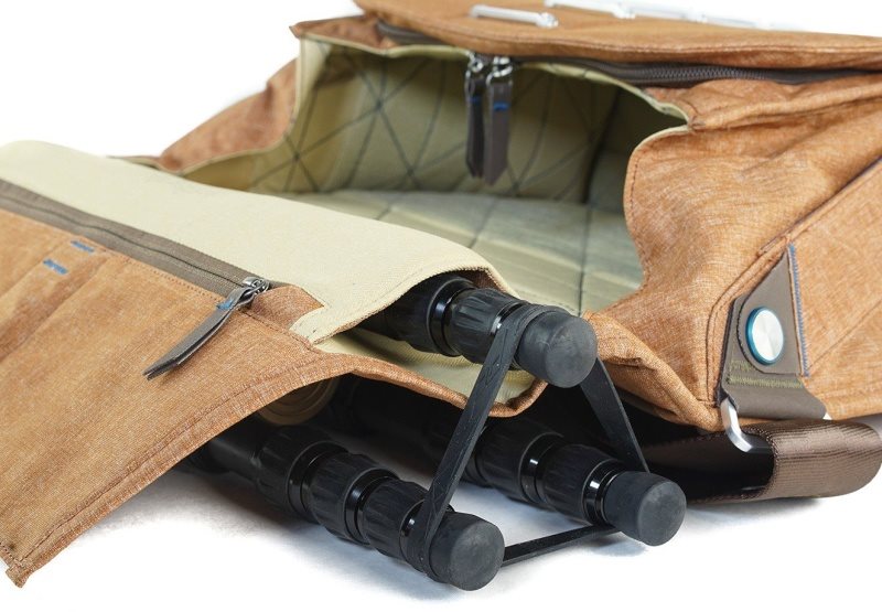 Attach any tripod to the front of the bag