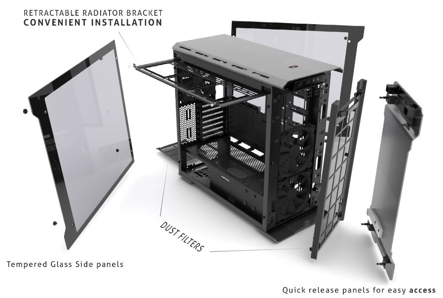 Phanteks Enthoo Evolv ATX Glass Propracovaný Cable Management, přítomnost prachových filtrů