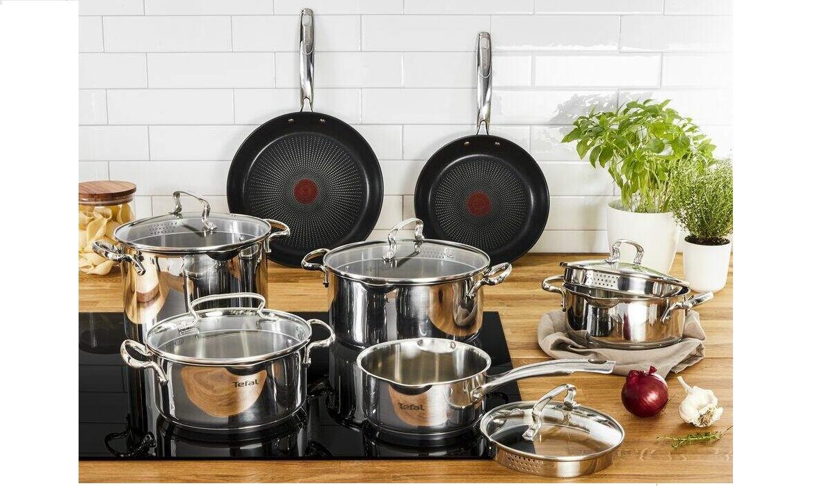 Tefal Duetto Set 7 Pieces: 3 Cooking Pots 16/20/24 cm, 1 Saucepan 16 cm, 3  Lids, Stainless Steel, 3 Glass Lids, Measurement Marks, All Types of