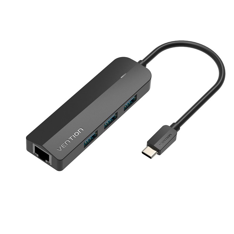 USB Hub Vention Type-C (USB-C) to 3× USB 3.0/RJ45/micro-B HUB 0.15M Black ABS Type