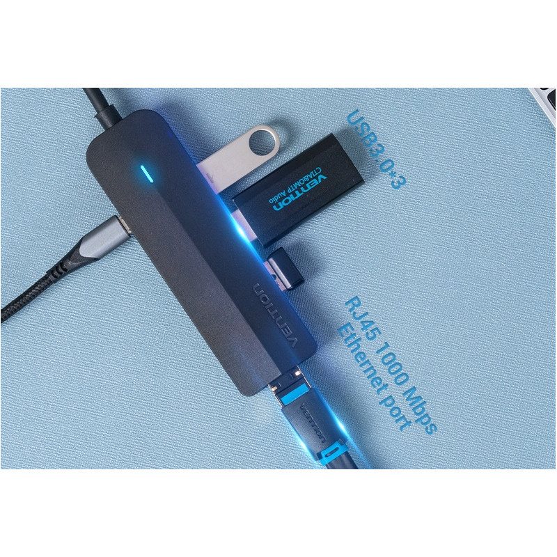 USB Hub Vention Type-C (USB-C) to 3× USB 3.0/RJ45/Micro-B HUB 0.15M Black ABS Type