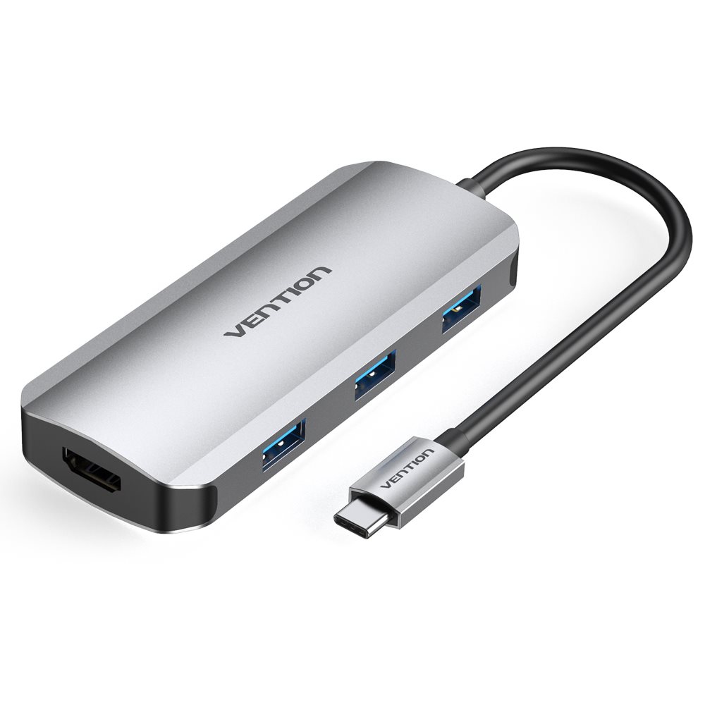 Vention USB-C to HDMI / USB-C 3.2 Gen 1 / USB 3.0 x 3 / PD Docking Station 0.15M Gray Aluminum