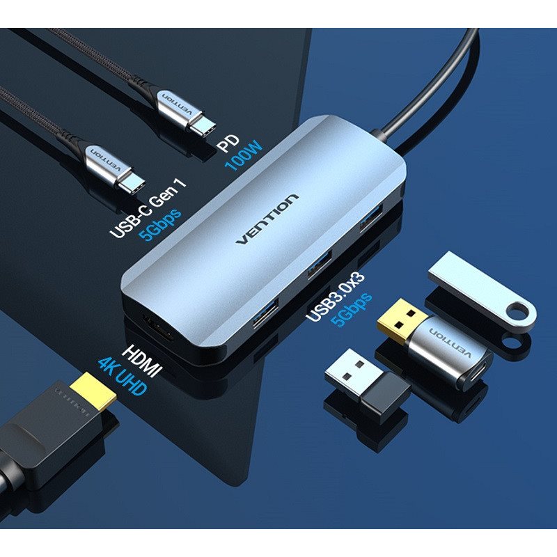 Vention USB-C to HDMI / USB-C 3.2 Gen 1 / USB 3.0 x 3 / PD Docking Station 0.15M Gray Aluminum