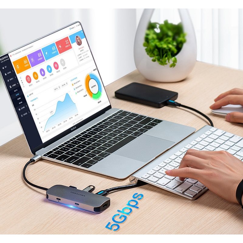 Vention USB-C to HDMI / USB-C 3.2 Gen 1 / USB 3.0 x 3 / PD Docking Station 0.15M Gray Aluminum