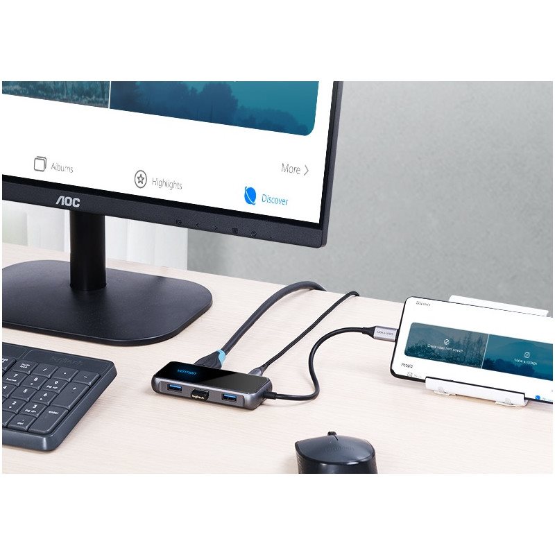 Vention Type-C (USB-C) zu HDMI / 3x USB3.0 / RJ-45 / PD Docking Station 0.15m Grau Verspiegelte Oberfläche