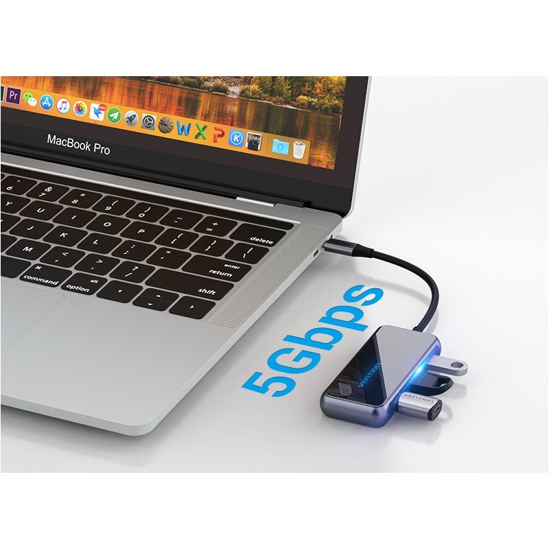 Vention Type-C (USB-C) zu HDMI / 3x USB3.0 / RJ-45 / PD Docking Station 0.15m Grau Verspiegelte Oberfläche
