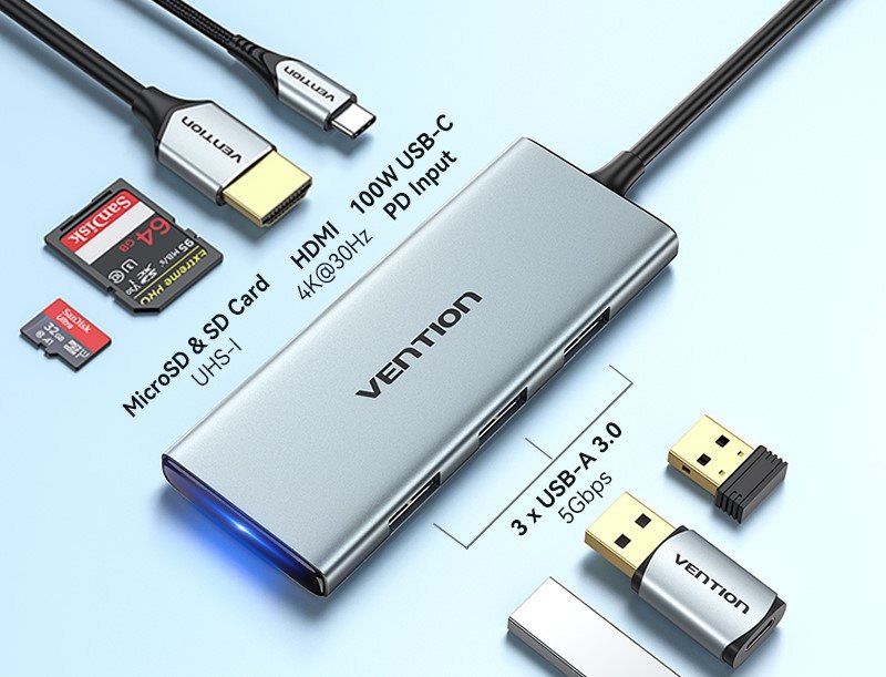 Dokovacia stanica Vention USB-C do HDMI/USB 3.0x3/SD/TF/PD Docking Station 0.15M Gray Aluminum Alloy Type