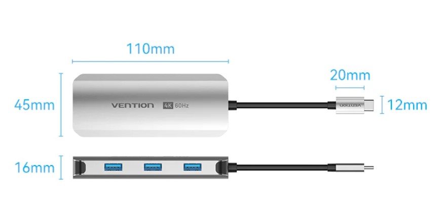 Vention USB-C to HDMI/USB 3.0 x3/PD Docking Station 0.15M Gray Aluminum Alloy Type Vention USB-C to HDMI/USB 3.0 x3/PD Docking Station 0.15M Gray Aluminum Alloy Type