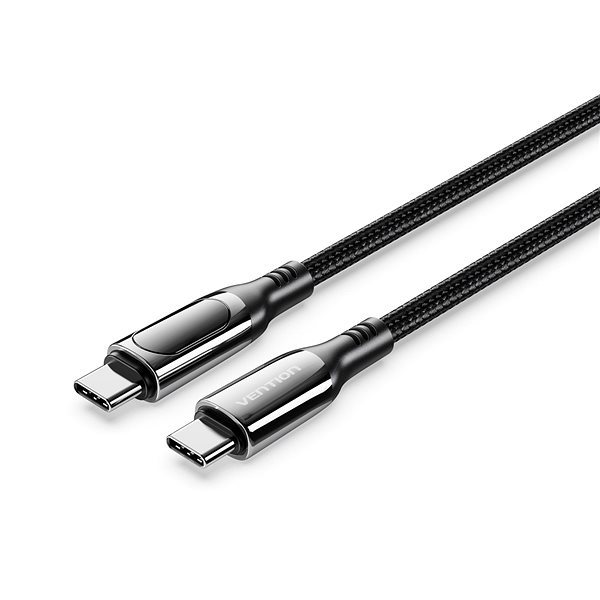 Dátový kábel Vention Cotton Braided USB-C 2.0 5A Cable With LED Display 2m Black Zinc Alloy Type