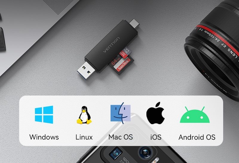 Vetion 2-in-1 USB 3.0 A+C Card Reader(SD+TF) Black Dual Drive Letter
