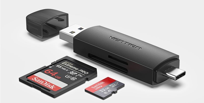 Vetion 2-in-1 USB 3.0 A+C Card Reader(SD+TF) Black Dual Drive Letter