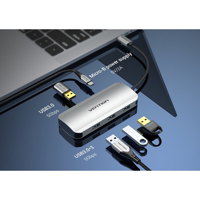 USB-Hub Vention USB-C zu USB 3.0 x 4 / Micro USB-B Hub 0.15M Grau Aluminium