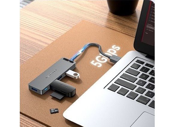 USB Rozbočovač Vention 4-Port USB 3.0 Hub With Power Supply 0.15M Gray (Metal appearance)