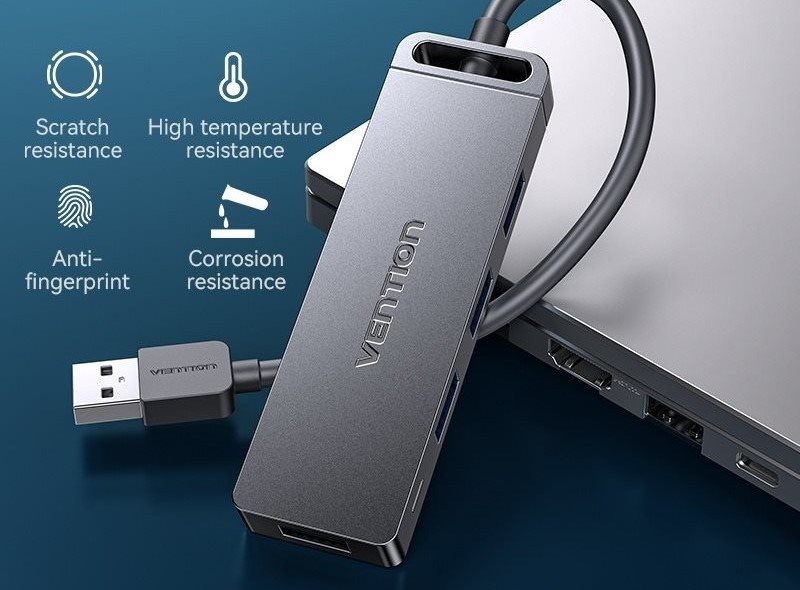 USB Rozbočovač Vention 4-Port USB 3.0 Hub With Power Supply 0.5M Gray (Metal appearance)