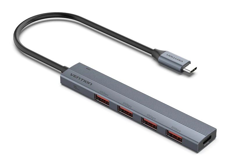 USB Rozbočovač Vention USB-C do USB 3.2 Gen 2 Type-A x 4 Mini Hub s USB-C Power Supply Port 0.15M Gray Aluminum