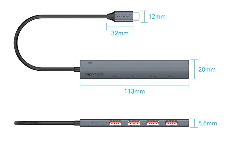 USB Rozbočovač Vention USB-C do USB 3.2 Gen 2 Type-A x 4 Mini Hub s USB-C Power Supply Port 0.15M Gray Aluminum