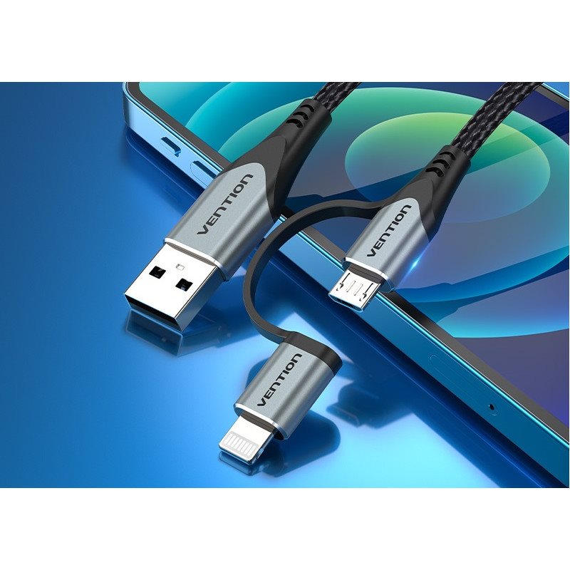 Vention MFi USB 2.0 to 2-in-1 Micro USB & Lightning Cable 1M Gray Aluminum Alloy Type