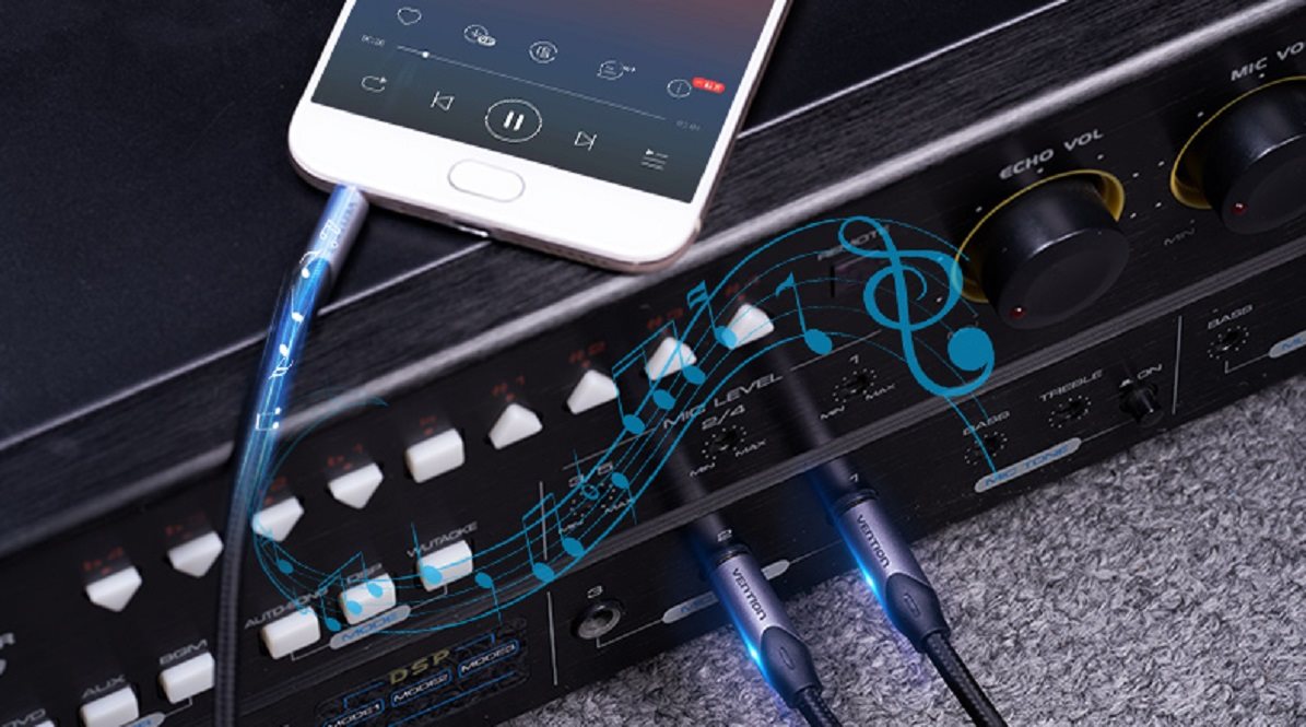 Vention Cotton Braided 3.5mm Male to 2*6.5mm Male Audio Cable 2M Gray Aluminium Alloy Type