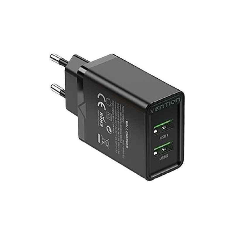 Vention 2-Port USB (A+A) Wall Charger (18W + 18W) Black