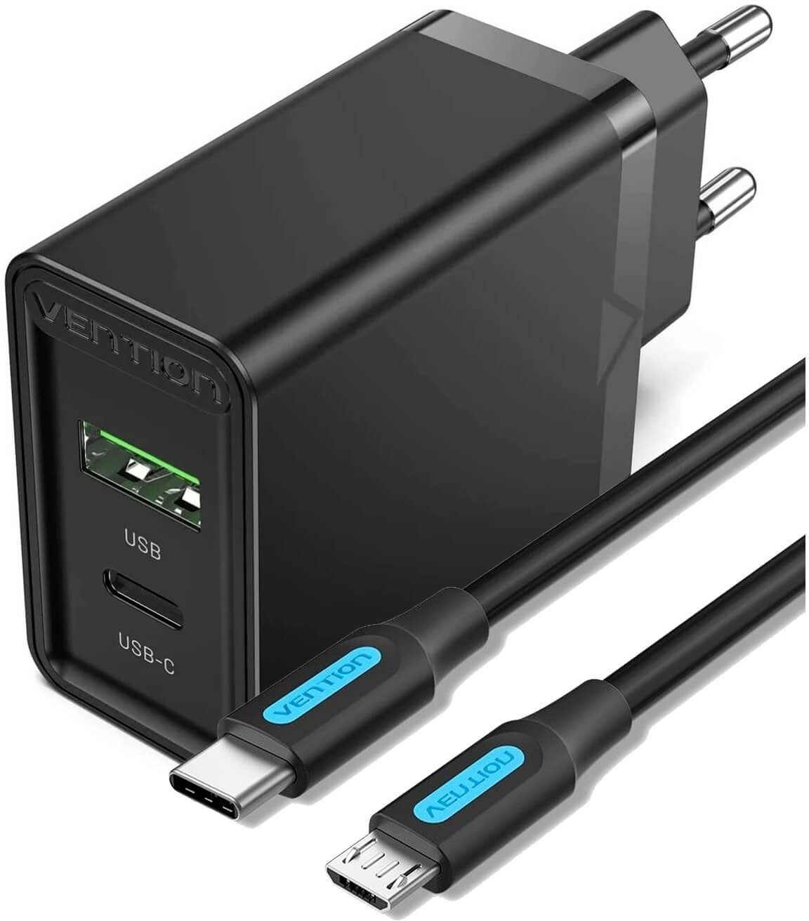 Set Vention 2-Port USB (A+C) (18 W + 20 W PD) Black + USB-C 2.0 to Micro USB 2A 1M Black
