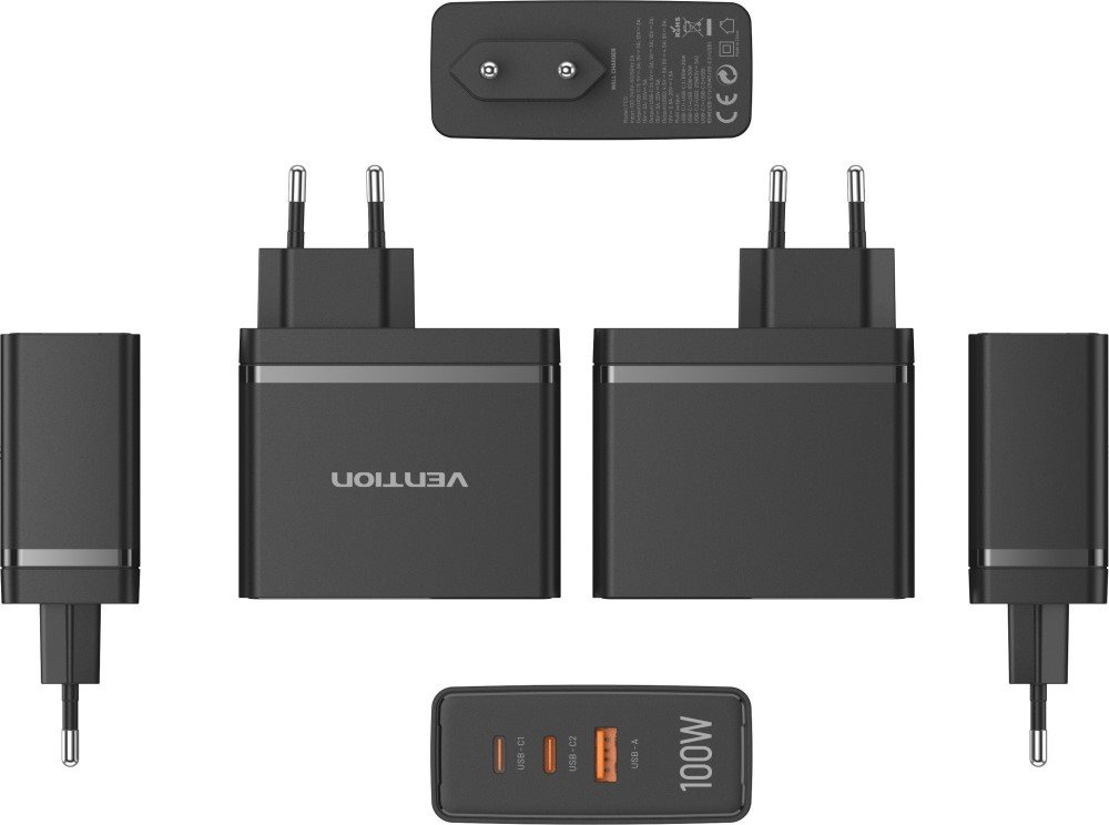 Vention Ultra 3-Port USB (C+C+A) GaN Ladegerät (100W/100W/30W) Schwarz