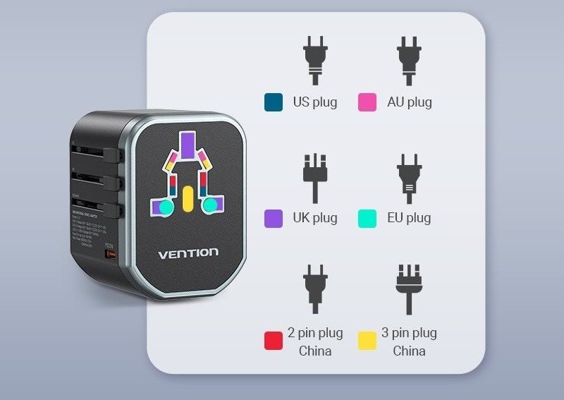 Univerzálna nabíjačka na mobil Vention 3-Port USB (C+A+A) Universal Travel Adapter (20W/18W/18W) Black