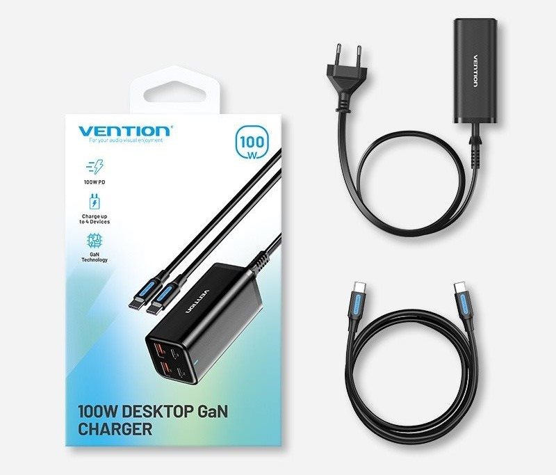 Univerzálna nabíjačka na mobil Vention 4-Port USB (C+C+A+A) GaN Charger (100W/100W/18W/18W) EU-Plug Black
