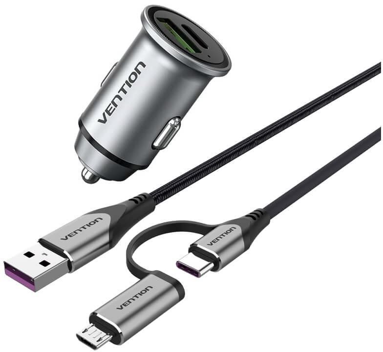 Set Vention USB A+C (18W/20W) Car Charger Gray + USB 2.0 to 2-in-1 USB-C/Micro USB 5A 0.5m Gray