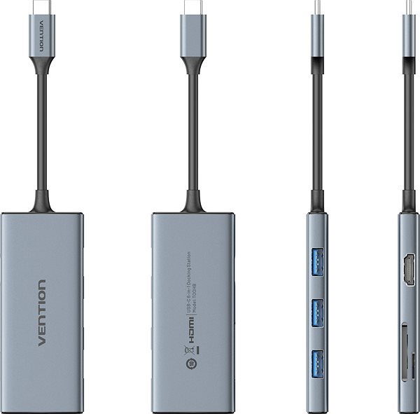 Port Replicator Vention USB-C zu HDMI /3x USB 3.0 / SD / TF Docking Station Aluminium-Legierung Typ 0.15M Gray