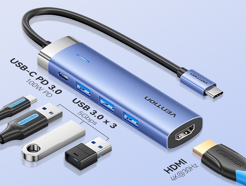 Replikátor portov Vention USB-C na HDMI/USB 3.0 x 3/PD Docking Station 0.15M Blue Aluminum Alloy Type