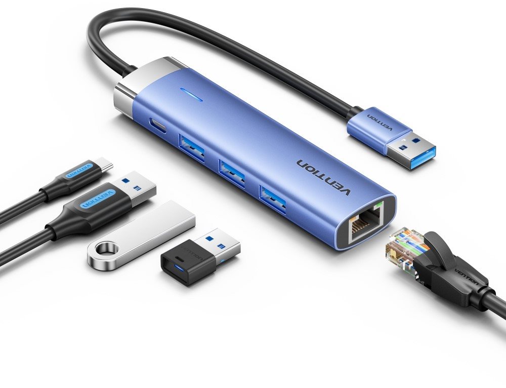 USB Hub Vention USB 3.0 to USB 3.0 x 3/RJ45/USB-C Hub 0.15M Blue Aluminum Alloy Type