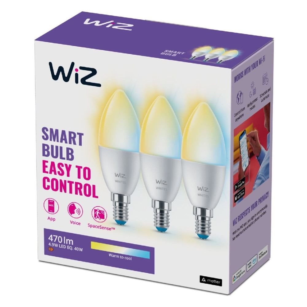 Smart LED žiarovka 3× WIZ LED 4,9 W C37 E14