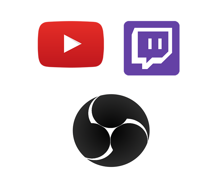 Logo OBS, YouTube a Twitch