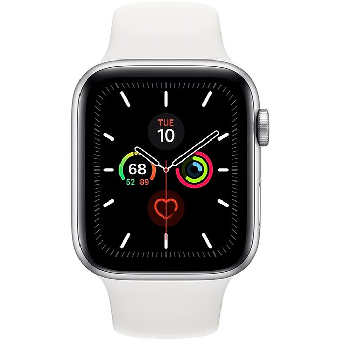 Apple Watch Series 5 44mm Stříbrný hliník s bílým sportovním řemínkem - Chytré hodinky