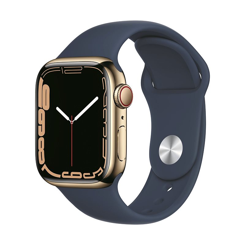 Apple Watch Series 7 45mm Cellular Zlatý nerez s hlubokomořsky modrým sportovním řemínkem - Chytré hodinky